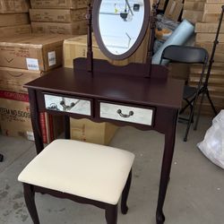 New 3-Piece Wood Make-Up Mirror Vanity Dresser Table and Stool Set, Espresso