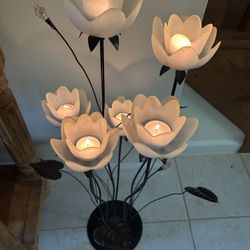 Vintage (1980’s) Lotus Flower Metal and Glass Floor Candle Lamp