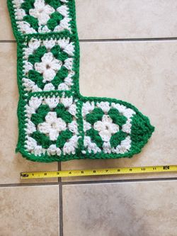 Vintage Granny Square Crochet Christmas Stocking 17” White & Green Handmade