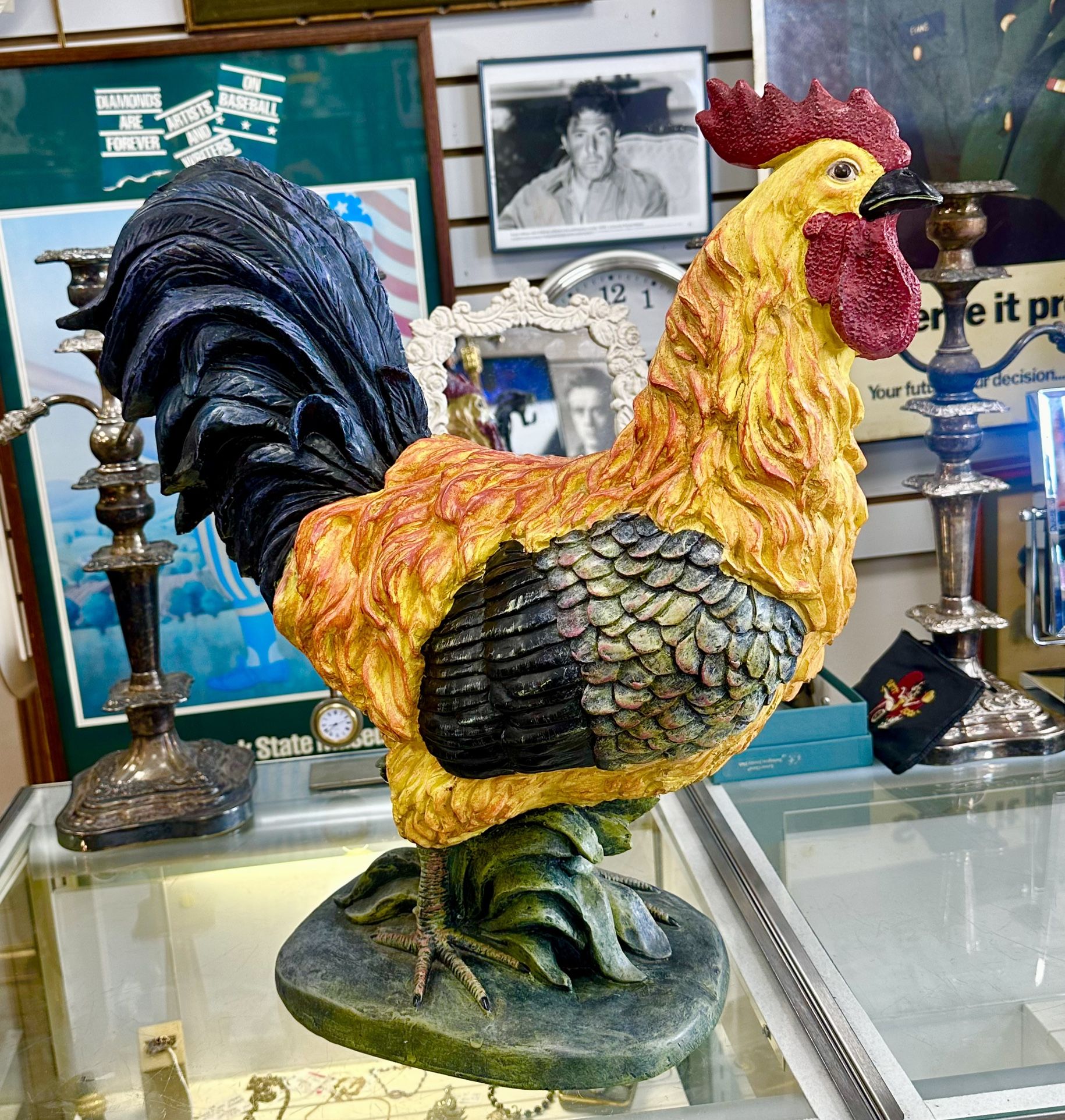 20” Huge Hand Painted Resin Vintage Country Rooster  Statue Very Colorful