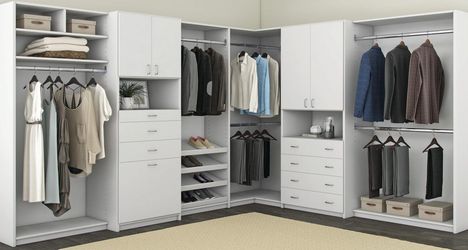 Master Walk-In White Color with Flat Drawer Fronts and Upper Doors. 