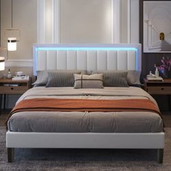 King Size Led Bed Frame, Upholstered Modern Bed Frame with with Faux Leather Headboard, No Box Spring Needed, White