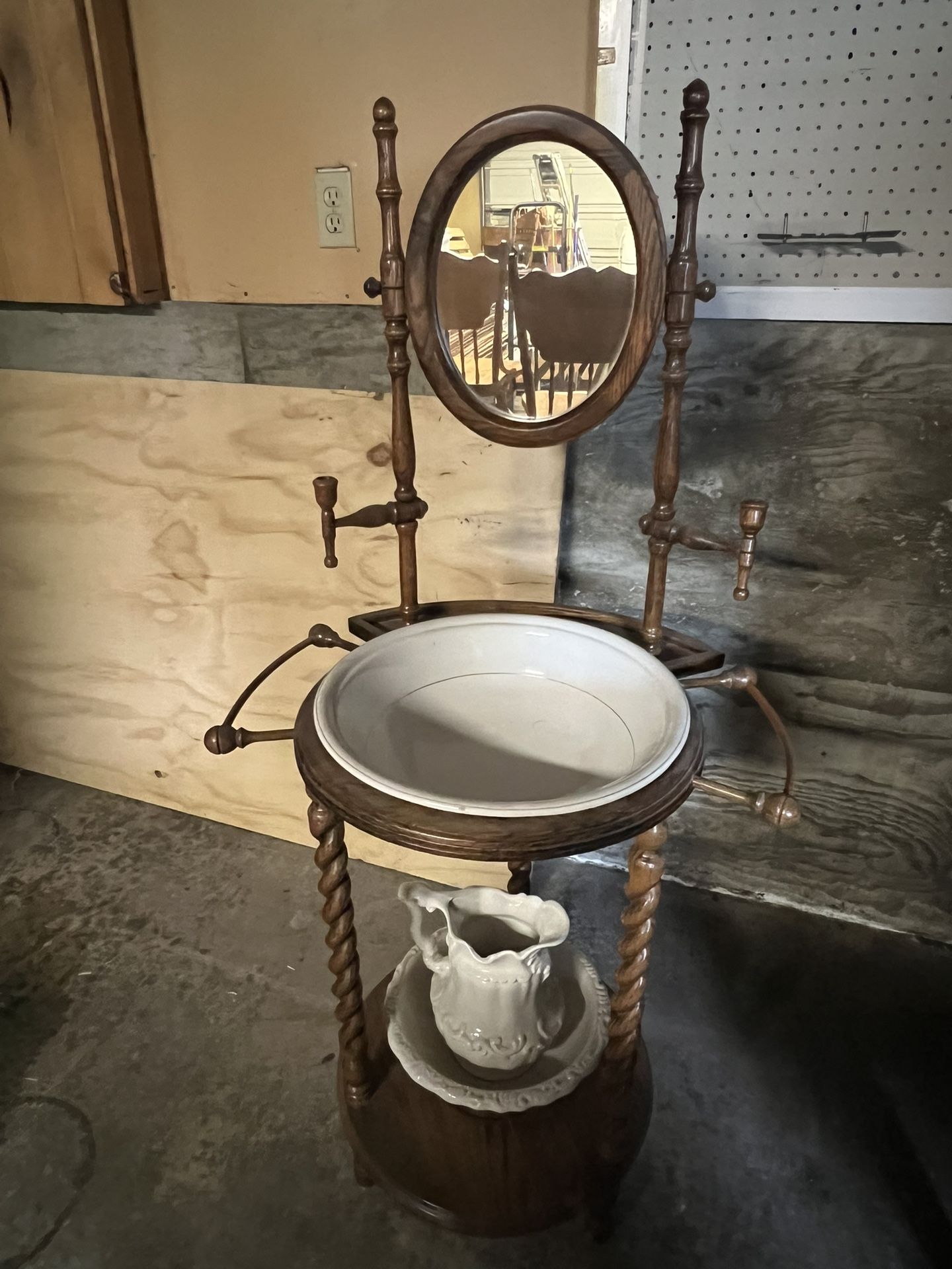 Vintage Victorian Walnut Wood Wash Basin Stand with Mirror