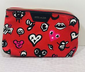 Estee Lauder Heart Print Cosmetic Makeup Bag By Quentin Jones ~ Red