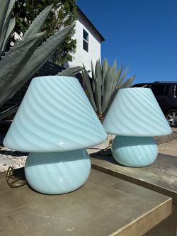 Vintage Mid Century Modern MCM Light Blue Murano Italian Glass Mushroom Lamp Set Of Two Pair