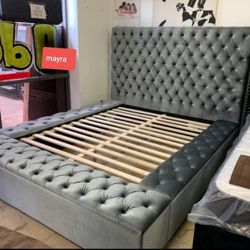 New/,Gray Velvet Queen Storage Platform Bed Frame Cama/ King Size Available 