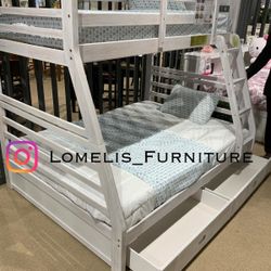 Twin/Full Brush White Bunk bed w. Drawers & Orthopedic Mattresses Included 