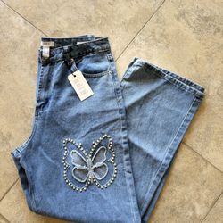 Forever 21 Premium Straight Leg Jeans Rhinestone Butterfly Cutout Whimsy Y2K 30