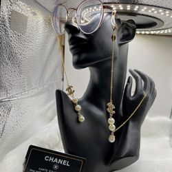 Custom cc Glasses Sunglasses Chain Big Pearls Necklace Earrings gold With Stamp