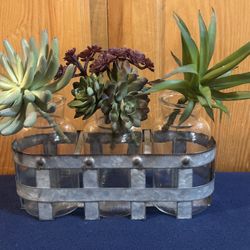 Faux Succulent Decor in Glass Jars and a Galvanized Metal Caddy