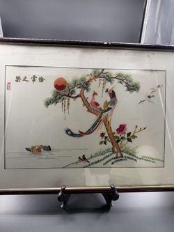 Beautiful Vintage Asian Silk Needlepoint Art