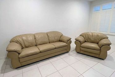 Tan Leather Sofa and Armchair Set
