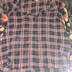 Semi-Sheer Plaid & Flower Long Sleeve Shirt 