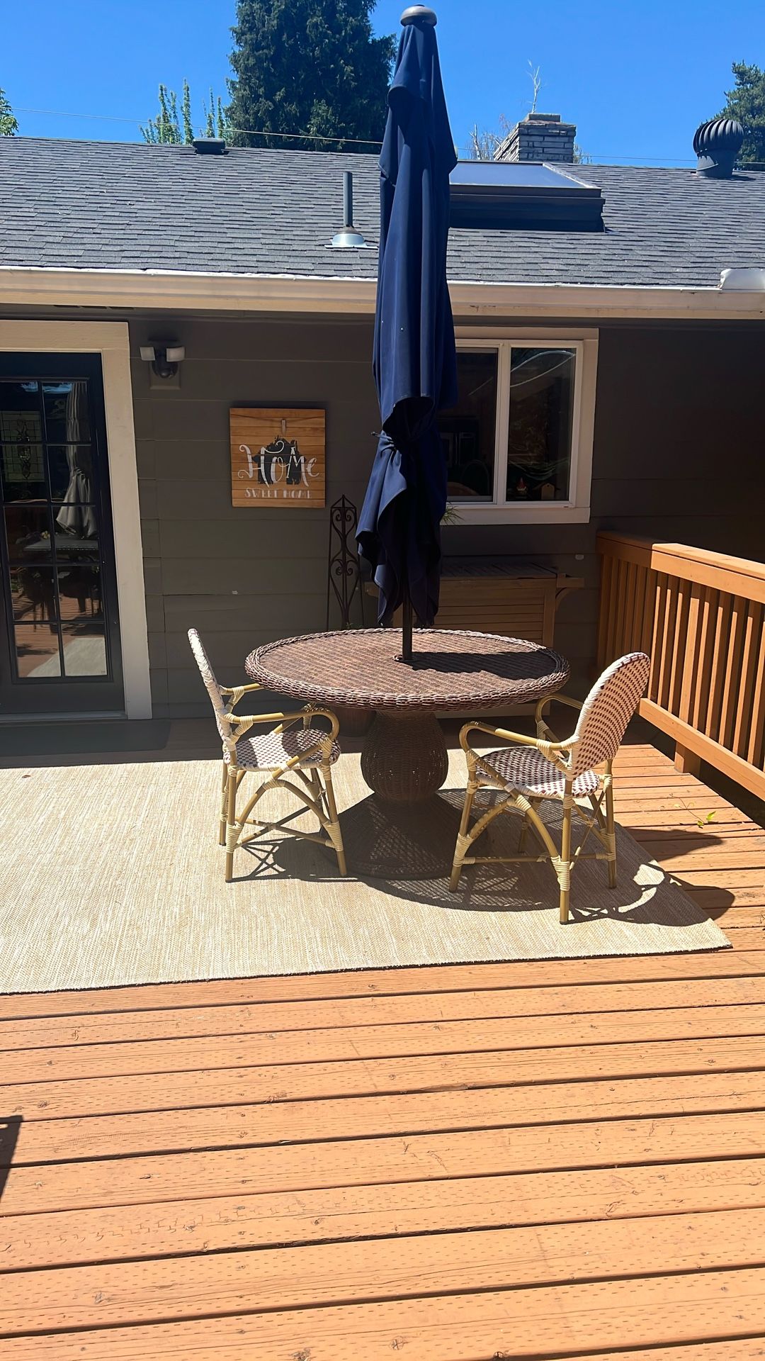 Patio Table and Navy Blue Umbrella With Chairs