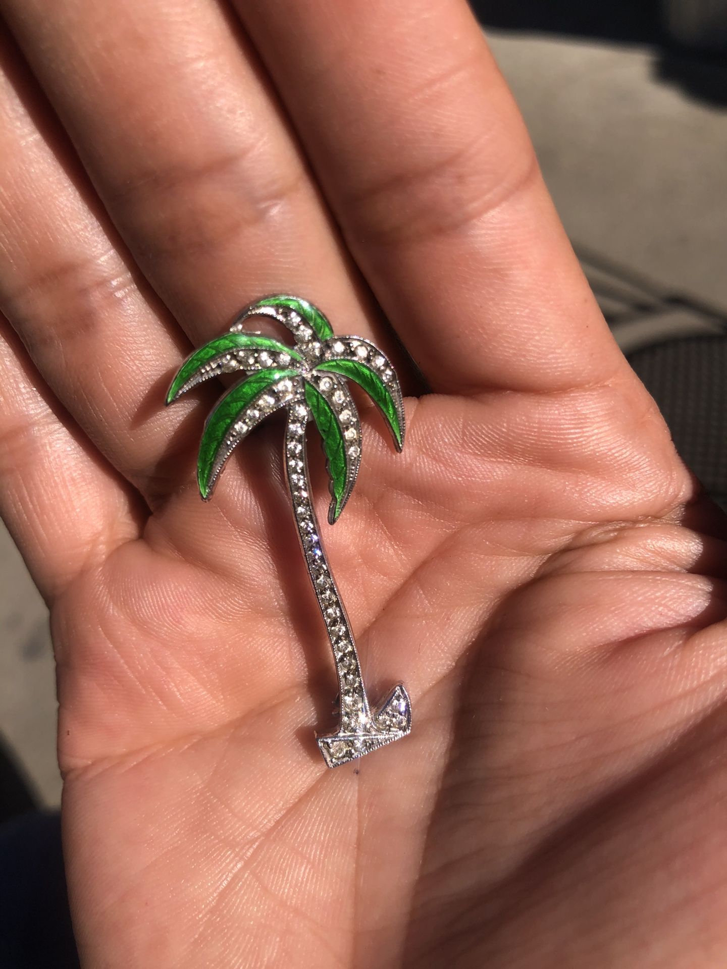 Vintage Sterling Palm Tree Brooch Enamel Painted Stamped Sterling Silver