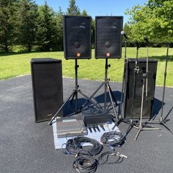 SPEAKERS, AMP, MIXER, MICS, CABLES AND STANDS