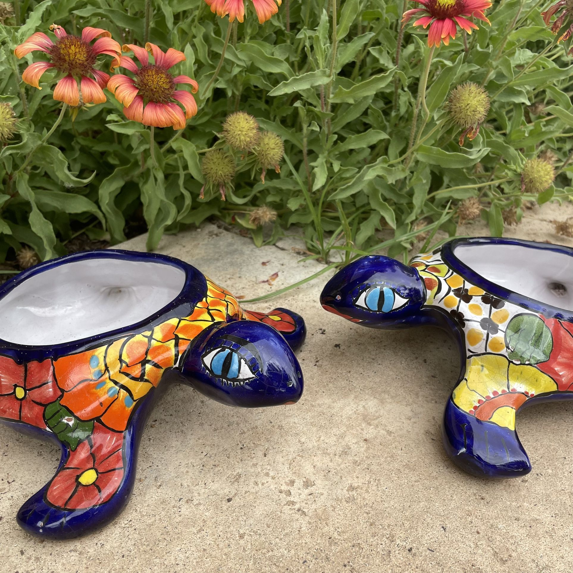 Pair of 8.5" Mexican Talavera Turtle Outdoor Folk Art Succulent Planters