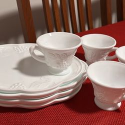 Vintage Milk Glass Set Of Four Plates And Cups