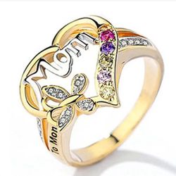 Gold MOM Heart Butterfly Rainbow Crystal Mothers Day Ring
