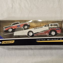 2020 MAISTO PREMIUM  1:64 SCALE.  TRANSPORT.  1957 CHEVROLET BEL AIR GASSER WITH 1950'S RAMP TRUCK TOW TRUCK. 