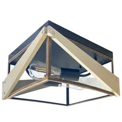 2-Light Rustic Ceiling Light Fixture, Farmhouse Flush Mount Ceiling Light, Metal and Wood Oak Square Ceiling Lamp for, Black And Antique Gold Finish