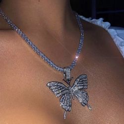 Iced out 925 sterling silver butterfly pendant with 20” CZ stone Necklace 
