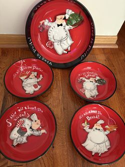 Vintage Viva La Pasta Serving Bowl and 4 Bowls Excellent Condition