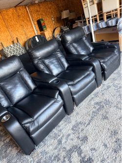 Black Leather 3-Seat Reclining Theater Seating — Row with Cup Holders