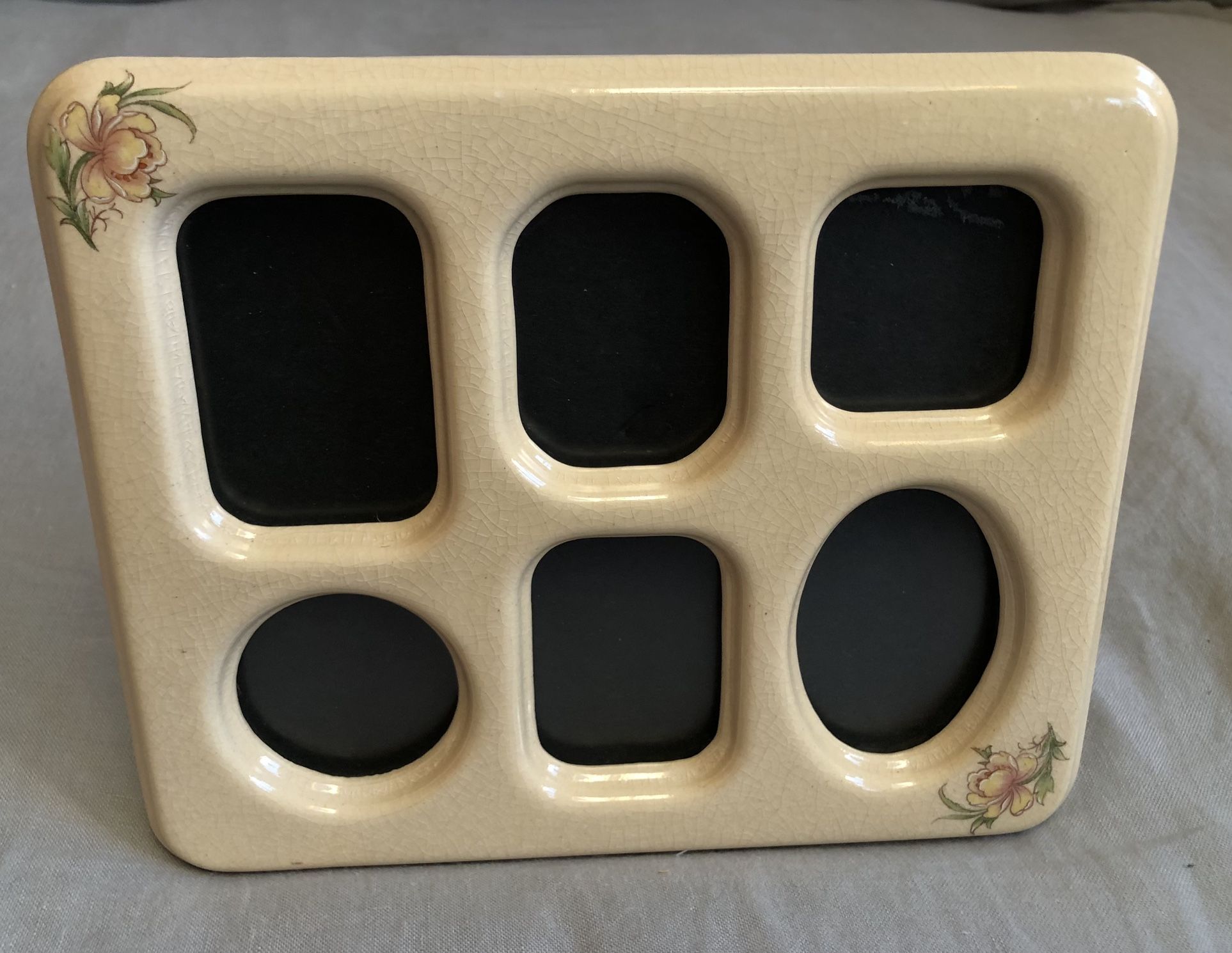 VTG Ceramic 6 Small Photo Picture Photo Frame Ivory Flowers Crackle Glaze (Silver Lake)