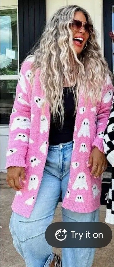 NEW and SOFT Cozy Pink Ghost Print Cardigan 