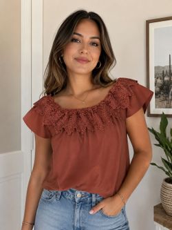 Agaci womens brown top. Lace trim. Size large