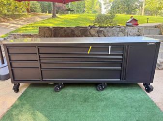 108 in. W x 24 in. D 9-Drawer Heavy-Duty Mobile Workbench with Stainless Steel Top in Matte Black