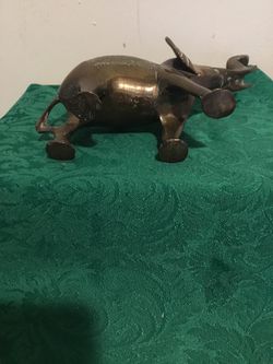 Vintage brass elephant figurine with trunk up embossed 6 inches good luck India Thumbnail