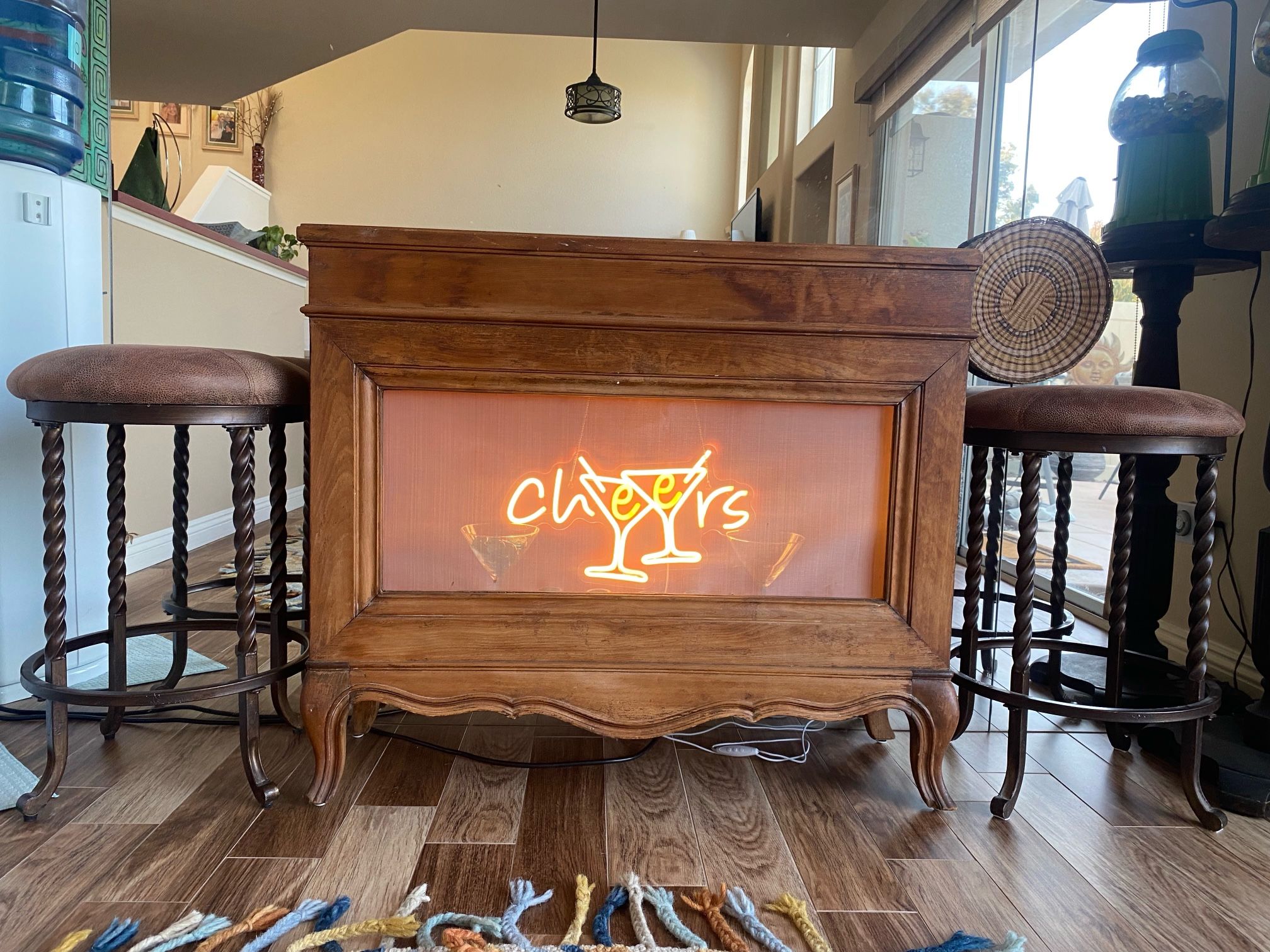 Vintage Wine Bar Console Table With Bar Stools