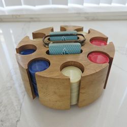 Vintage Covered Wood Spinning Carousel Poker Chip Caddy Holder 