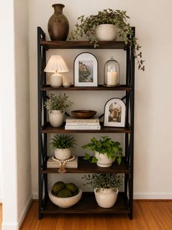 5-Tier Black Metal and Wood Bookshelf