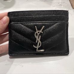 Authentic YSL Grain de Poudre Leather Card Case, Silvertone hardware