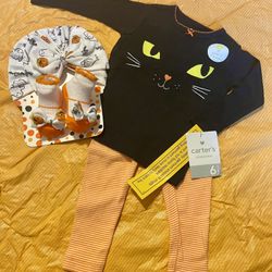 baby girls Carters brand HALLOWEEN two piece set, hat and booties set