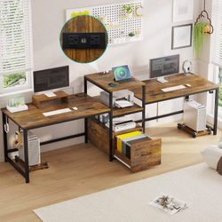 PRE-SALE 98 Inches 2 Person Computer Desk With Storage Printer Shelf Rustic Brown(new in box)