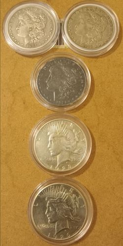 Lot of 5 - Morgans and Peace Dollars - AU50 +