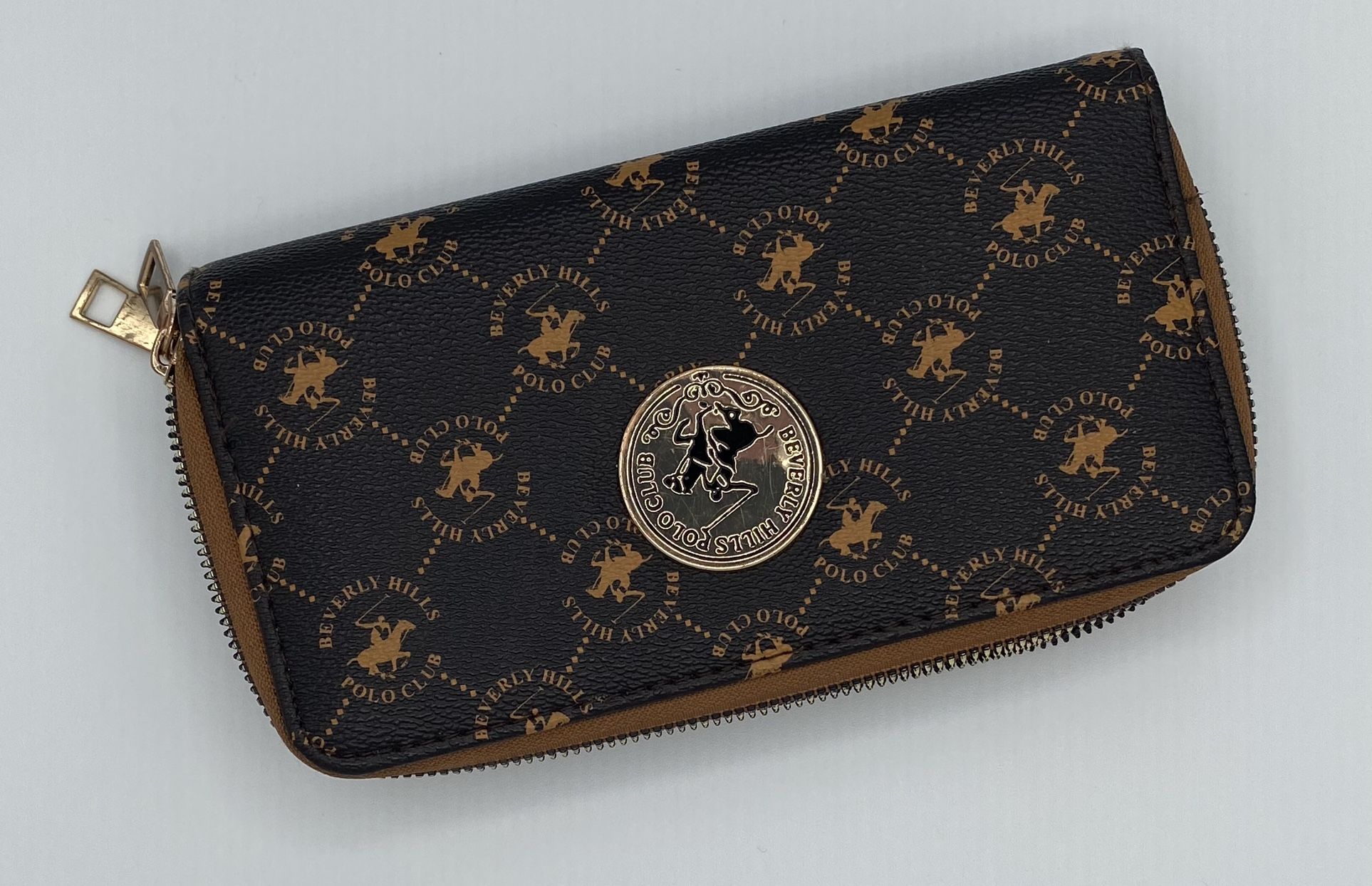 Beverly Hills Polo Club Brown Wallet Medallion Logo Double Zip Around