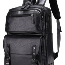 ORILOOSEN PU Casual Backpack Men's casual Leather laptop backpack Daily commuter leather backpack College backpack (Black)