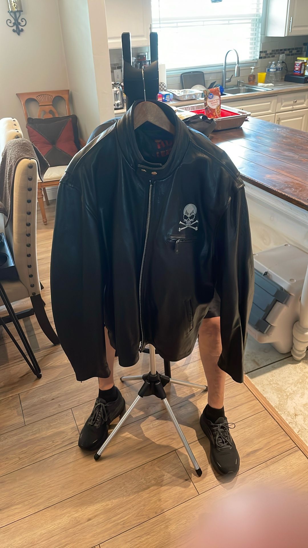 XL XXL HEAVY LEATHER JACKET CUSTOM WITH SKULL & Crossbones And Winter Liner
