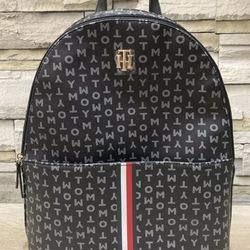 Tommy Hilfiger Faux Leather Monogram Backpack bag Women - Black - New