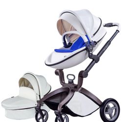 Hot Mom Baby Stroller with Adjustable Seat Height,Reversible Luxury Leather Travel System,White