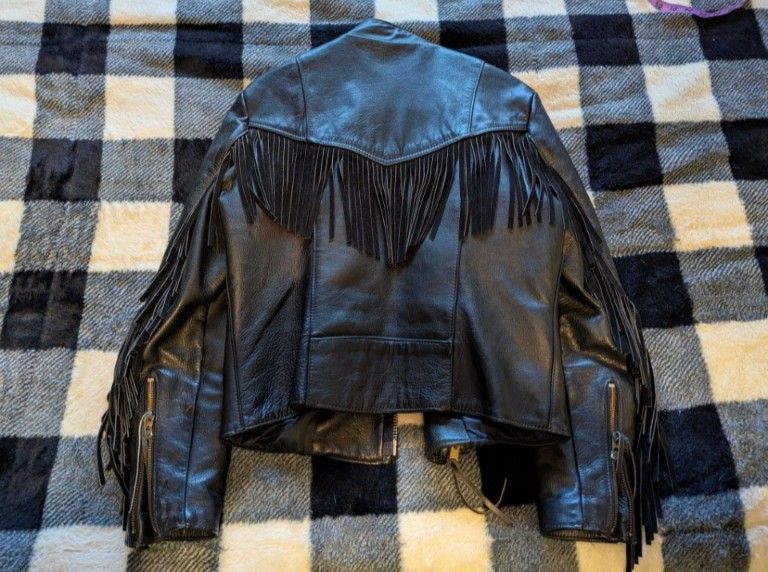 Women's Medium Vintage Black Leather Fringed Jacket