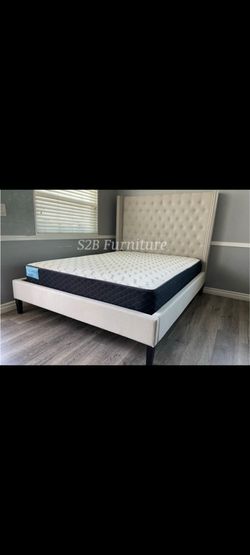 Queen ivory Beige wingback Bed With Ortho Mattress Included