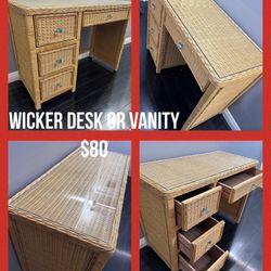 Wicker Desk Or Vanity With Glass Top 