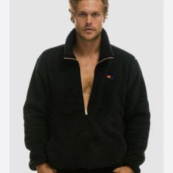 Aviator Nation Brand New Teddy Unisex 1/2 Zip Jacket - Black