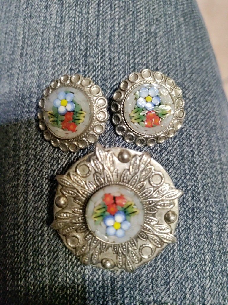 Vintage 3 Piece Set Silver Micro Mosaic Brooch & Earrings